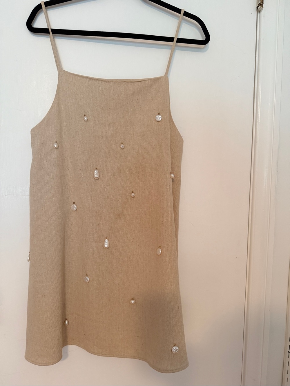 Zara Beige Mini dress with Pearl Droplet Embellishments
